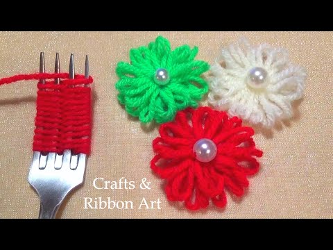 Super Easy Woolen Craft Ideas with Fork- Hand Embroidery Amazing Trick- Sewing Hack- DIY Yarn Flower