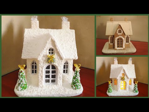 DIY Snowy Christmas House Using Cardboard And Tissue Paper
