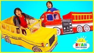 Ryan Pretend play with School Bus Tent and Fire Truck Vehicle