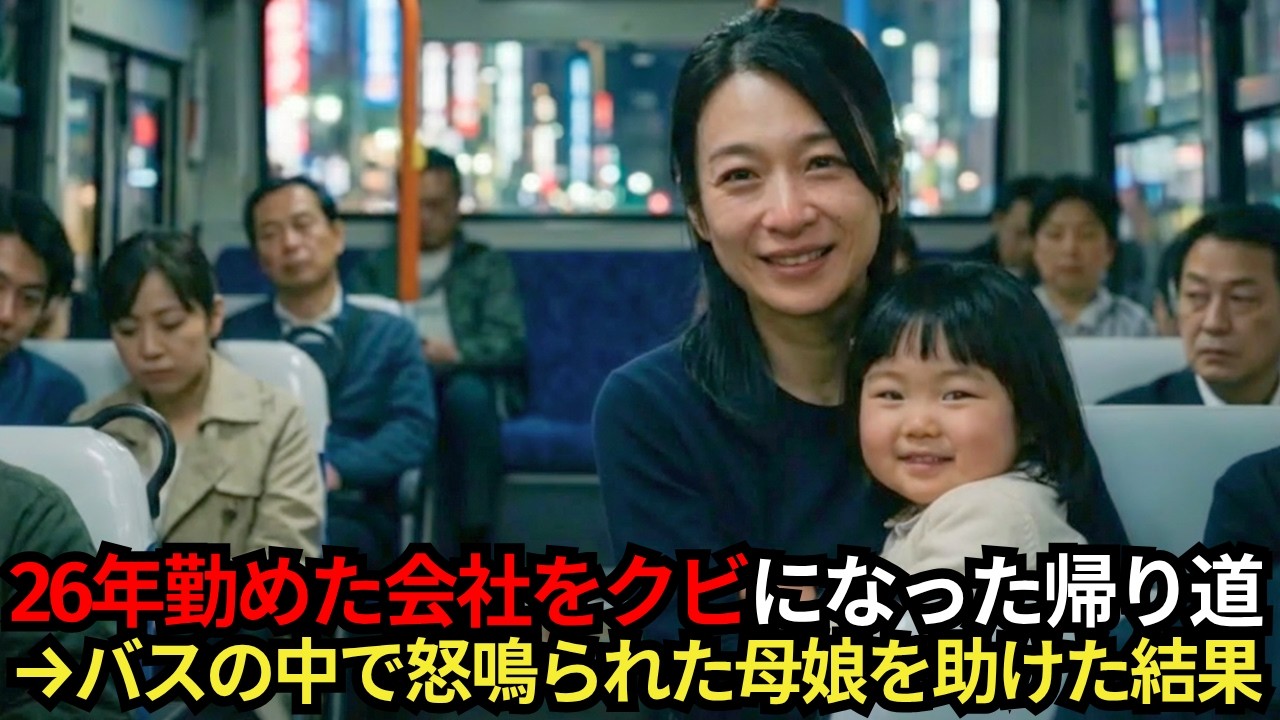 26年勤めた会社をクビになった帰りのバスの中。泣く子と母親を怒鳴る客→動いたのは金髪の少年だった。バスを降り「ケーキが崩れた」と震える母と娘に声をかけた結果…【感動する話】