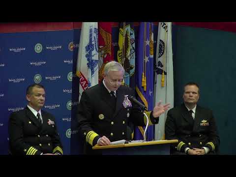 Vice Admiral Dee Mewbourne speaks during Winging Ceremony at the National Naval Aviation Museum