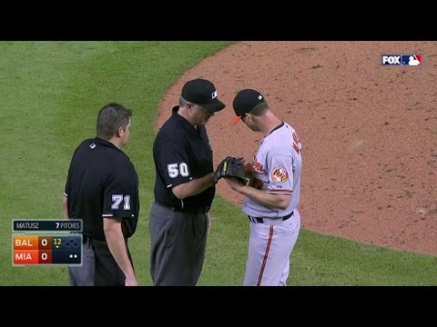 BAL@MIA: Foreign substance on arm gets Matusz ejected