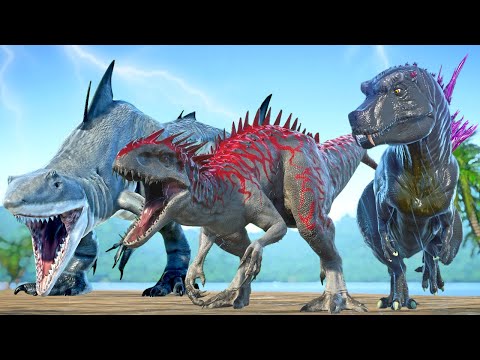 JURASSIC WORLD EVOLUTION Sharkzilla vs Godzilla, Tyrannosaurus Rex,  Boss Indomimus Rex Dinos Fight!