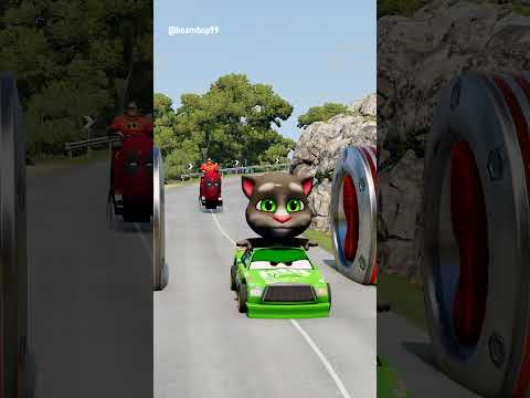 Weird Cars Crossing Giant Spider-Man's Foot Bollard Gate with Venom Head in Bollard in BeamNG.drive