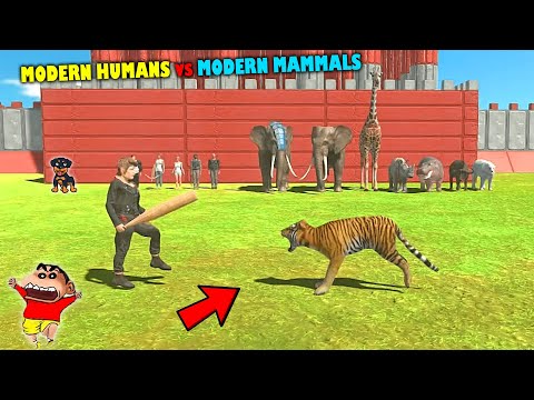 MODERN HUMAN vs MODERN MAMMALS😱| SHINCHAN and CHOP fight DINOSAURS😂Funny game in Hindi animal revolt