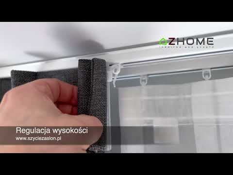 Aluminiowe szyny sufitowe i zasłony na flexach. Firanki na taśmie marszczącej i agrafki francuskie