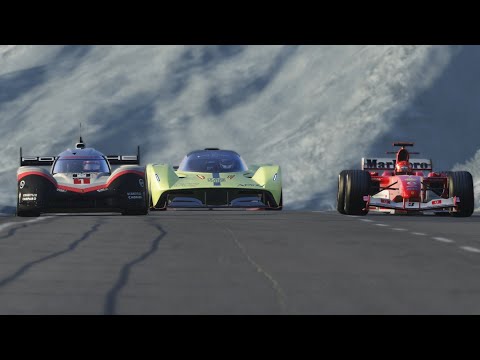 F1 Ferrari F2004 Schumacher vs Porsche 919 Hybrid Evo vs Aston Martin Valkyrie AMR Pro at Highlands