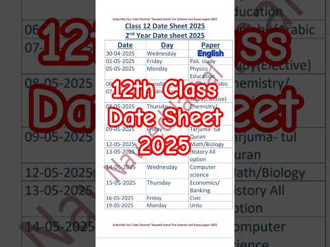 2nd year Date sheet 2025 - 12th Class Datesheet 2025