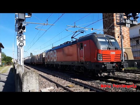 Transito alla Stazione di Istrana (TV) Rh 1293 066 con carri pianali, Eanos e chiusi