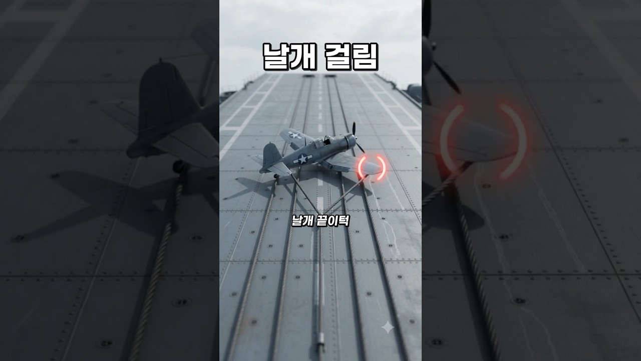 전투기를 멈추는 항공모함 갑판의 쇠줄