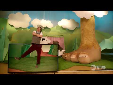 Kidding trailer frame: bright puppet stage with saturated colors, masking melancholy