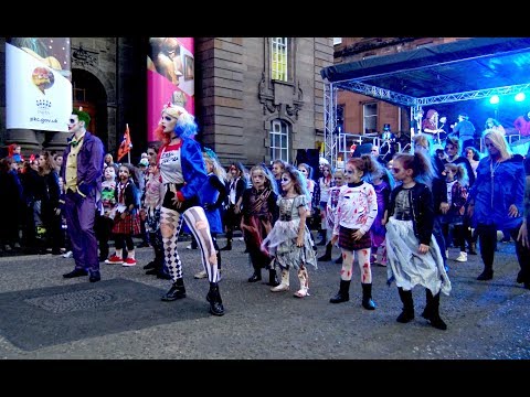 Thriller dance Flash mob during the City of Perth Halloween Fun Night, Perthshire, Scotland - 4K