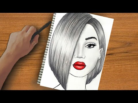 رسم بنات | رسم سهل | تعليم رسم بنت كيوت مع شعر قصير سهل بالرصاص بالمقاسات | رسم بنات سهل
