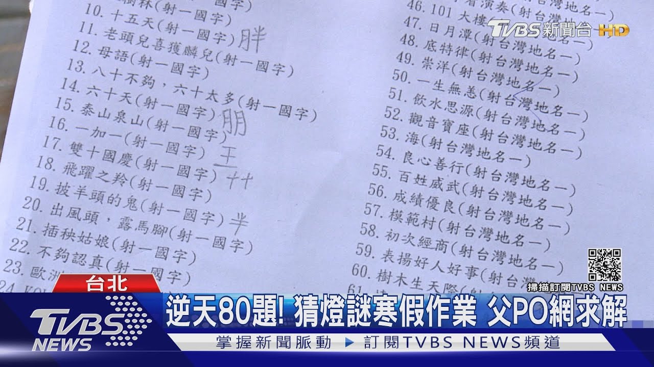 寒假作業「80題猜燈謎」！父崩潰　求助網友