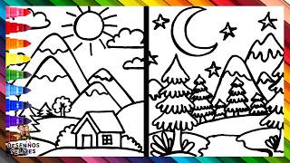 Desenhar e Colorir uma Paisagem de Dia vs uma Paisagem de Noite 🏠🌲🏞️⛅🌙🌠🌈 Desenhos para Crianças