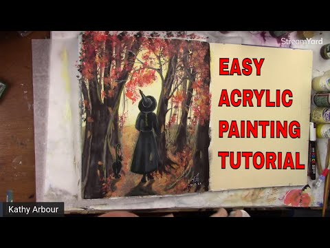 How to paint Witch with Cat, Fall Forest, in acrylics