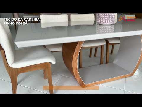 Video thumbnail of Conjunto Sala De Jantar Bella Tampo 220cm Laqueado Canto Moeda com Vidro e 8 Cadeiras Bella