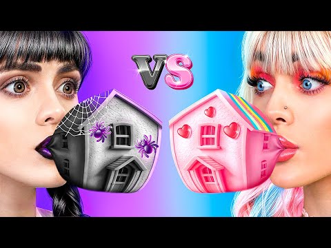 One Colored House Challenge! Wednesday Addams vs Enid! Best Building Hacks!