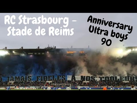 RC Strasbourg Stade de Reims! 30 year anniversary ultra boys 90!! (Tifo's/Pyro!!)
