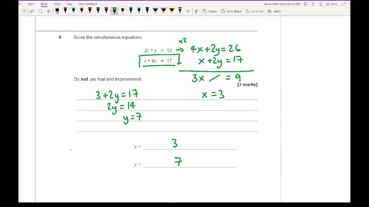 Simultaneous Equations Topic Test GCSE Maths Foundation Exam Questions Revision