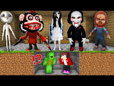 JJ and Mikey HIDE From Scary MONKEY.EXE, Window Man, BILLY SAW, SAMARA At Night in Minecraft Maizen