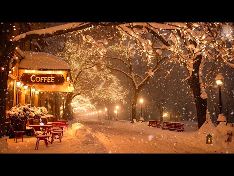 Exquisite Jazz on Quiet Winter Night ☕ Gentle Snowfall Outside Coffee Shop for a Peaceful Mood ✨
