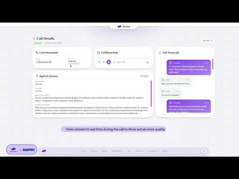 Supportiyo AI receptionist integration with SimPro — live demo showing inbound call handled by AI agent, customer record created, and service job booked directly in SimPro automatically.