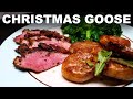 Roast Goose With Christmas Spices Black Cherry Gravy Goose Fat Roast Potatoes And Mustard Greens