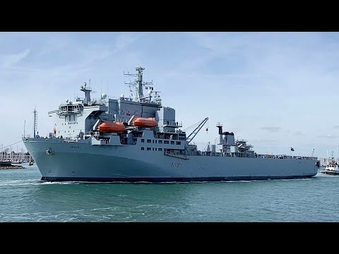 RFA Argus sails from Portsmouth after a brief visit