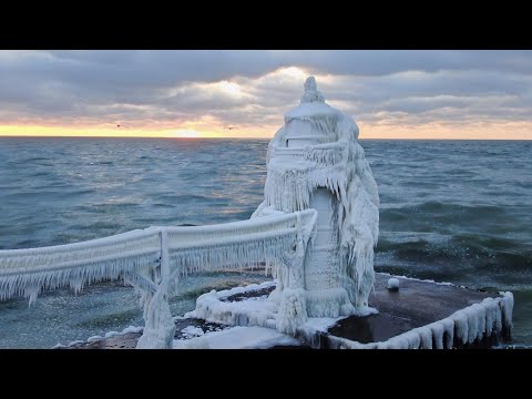 Frozen Michigan Lighthouse and Lake! 2022 Christmas Blizzard❄️❄️