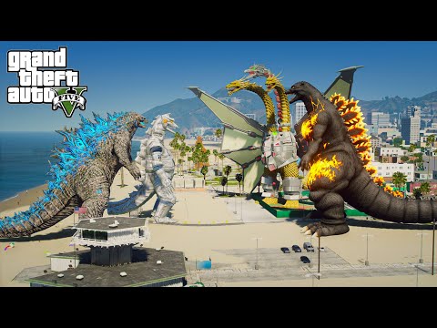 Godzilla, Mechagodzilla Classic vs Burning Godzilla, Mecha Ghidorah - Epic Scene ( GTA V Mods )