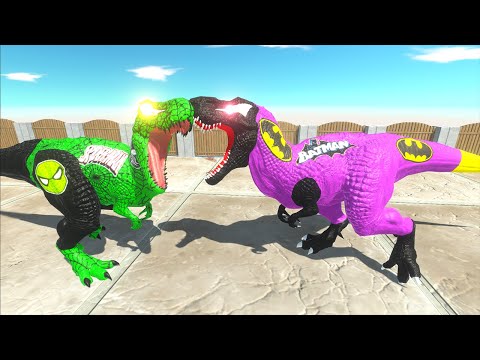 PURPLE BATMAN T-REX VS GREEN SPIDERMAN T-REX DEATH FALL - Animal Revolt Battle Simulator