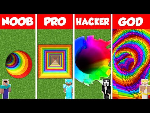 Minecraft Battle: NOOB vs PRO vs HACKER vs GOD: RAINBOW TUNNEL PIT HOUSE BUILD CHALLENGE / Animation