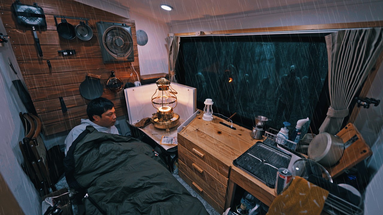 [Rain Car Camping] spooky zombie-infested forest during heavy rain [DIY light truck camper]