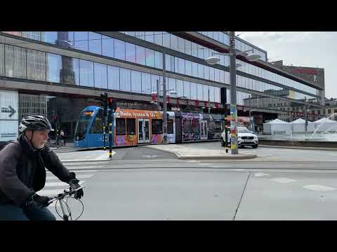 The tram (tvärbanan) drives by at Sergels Torg in downtown Stockholm, Sweden