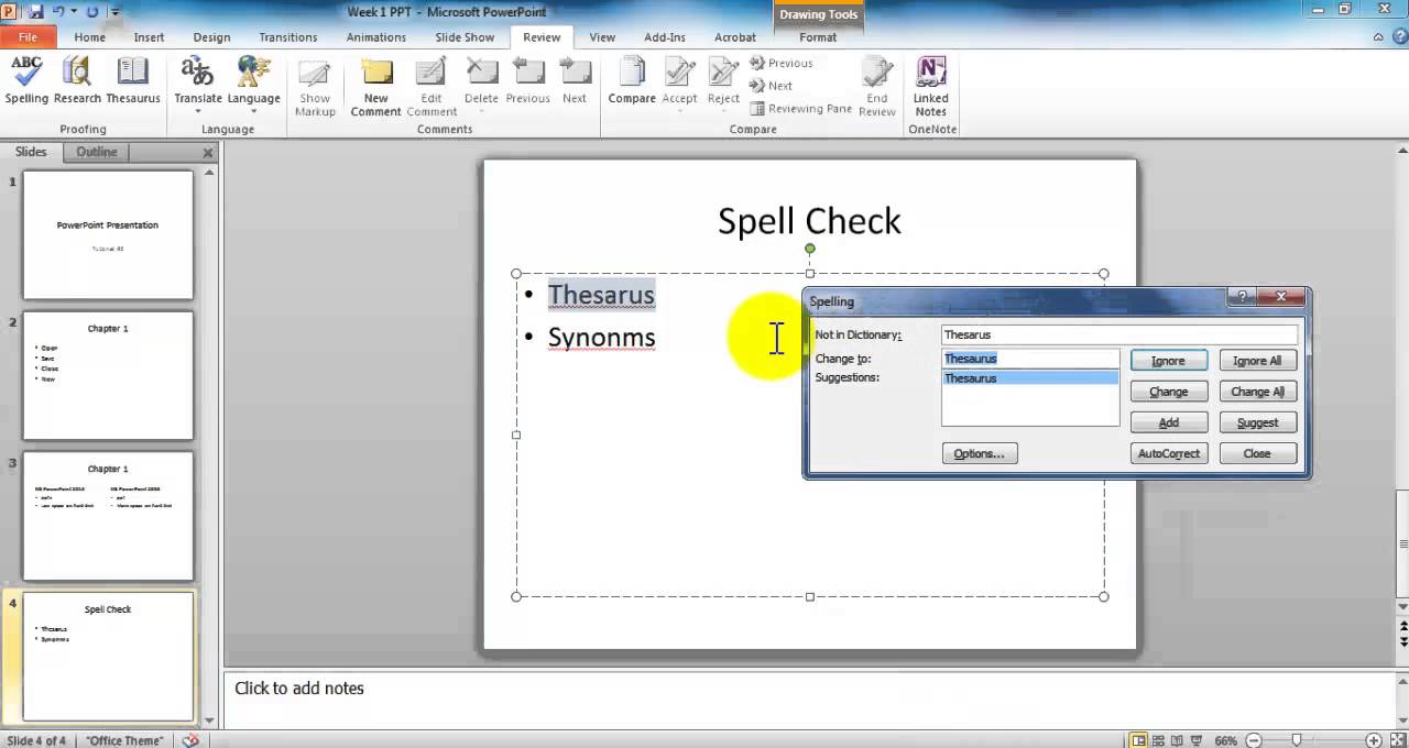 MS PowerPoint Tutorial - Spell Check, Synonyms and Thesaurus