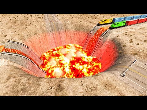 Trains vs Giant Lava Crater & Cars vs Rails - BeamNG.Drive