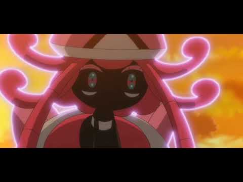 Ash protecting Rockruff from Tapu Lele