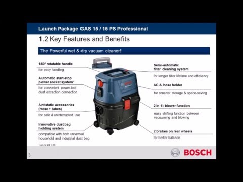 Bosch dulkių siurblys GAS 15 PS 15L su maitinimo lizdu įrankiui video