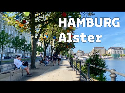 Hamburg walking, Germany. Around Binnenalster. Alster Fountain