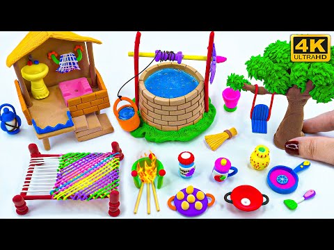 ❤️DIY How To Make Polymer Clay Miniature House, Kitchen Set, Washroom set, Water Well, Charpai #63