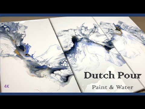 4K Triptych Dutch Pour Paint and Water Only - Blue and Gold