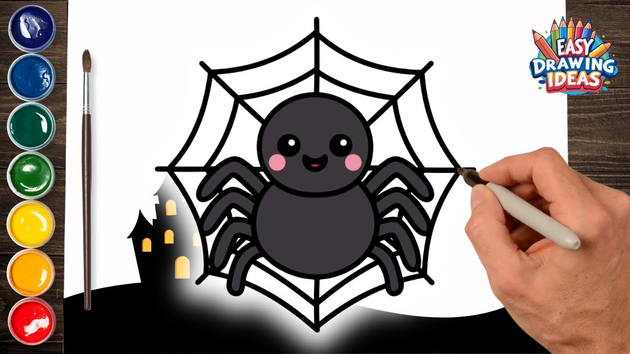 How to Draw Cute Spider on Web - Easy Halloween Drawing Tutorial for Kids