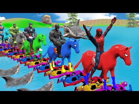 Red HORSE SPIDERMAN Crossing On RAINBOW FOUNTAIN Bridge With Horse Superheroes Rescue Animals Game
