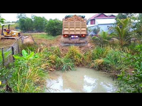 First Start Amazing PROJECT!! LANDFILL Delete Useless Deep Fish Pond Use Strong Dozer & 5Ton Truck.