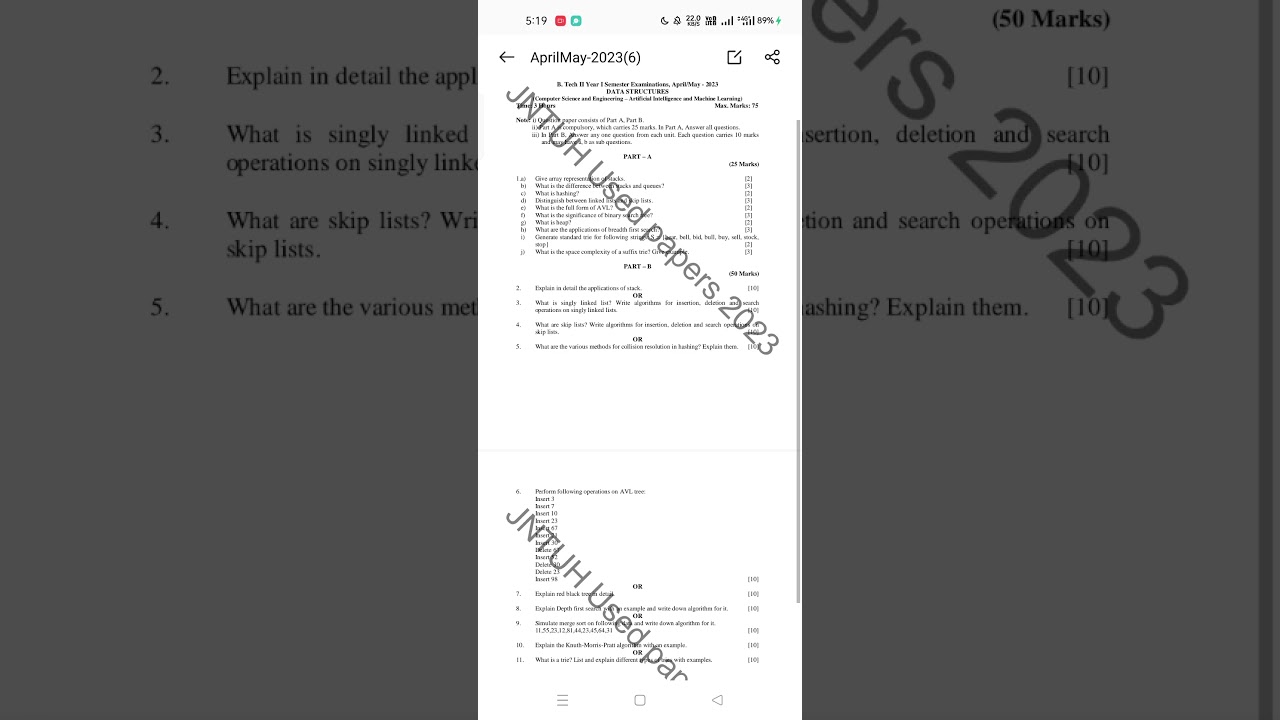 #data structures (ds) previous question papers jntuh r18 April/may