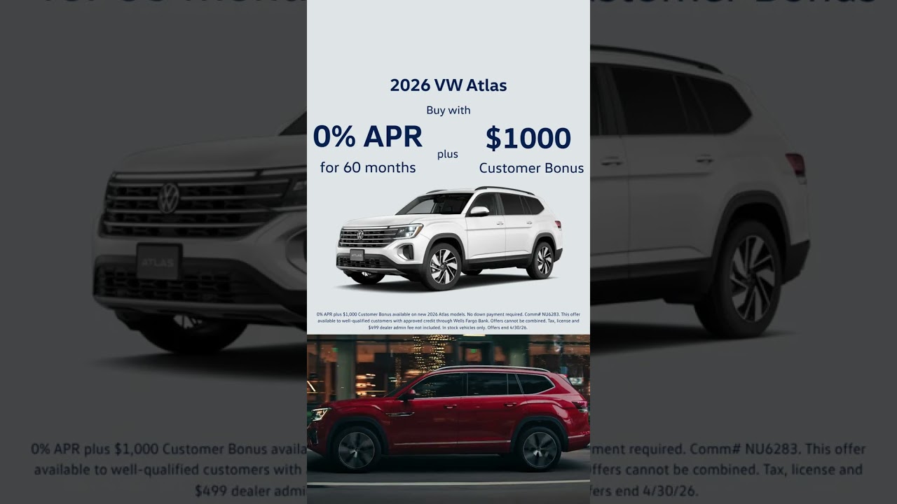 2026 VW Atlas and Tiguan April offer ads for Bud Brown Volkswagen
