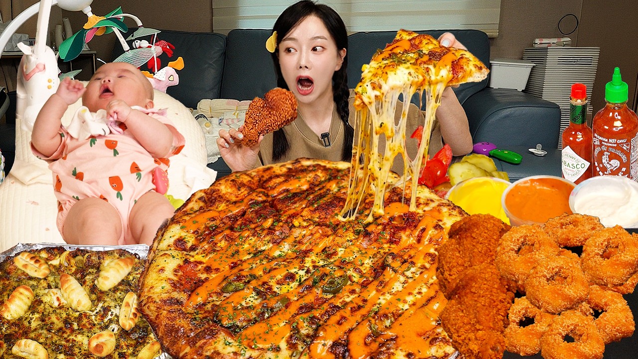 하루와 함께💕배달 피자에 치킨 뇨끼까지! Eat with Baby HARU ❤ Cheese Pizza Mukbang ASMR Ssoyoung