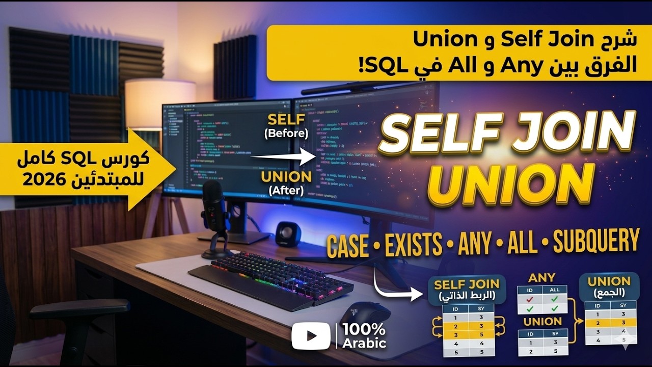 شرح SQL Self Join والـ Union والفرق بين Any و All | كورس SQL كامل للمبتدئين 2026
