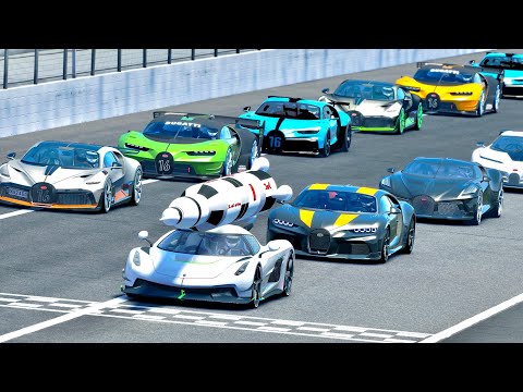 Koenigsegg Jesko with Saturn V Rocket Engine vs Bugatti Hypercars at Oval MotorSpeedway